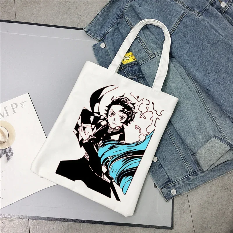 Kamado Tanjirou Anime Demon Slayer Nezuko Canvas Shoulder Tote Bag Handbags Eco Reusable Shopping Bag Vintage Ulzzang Bags