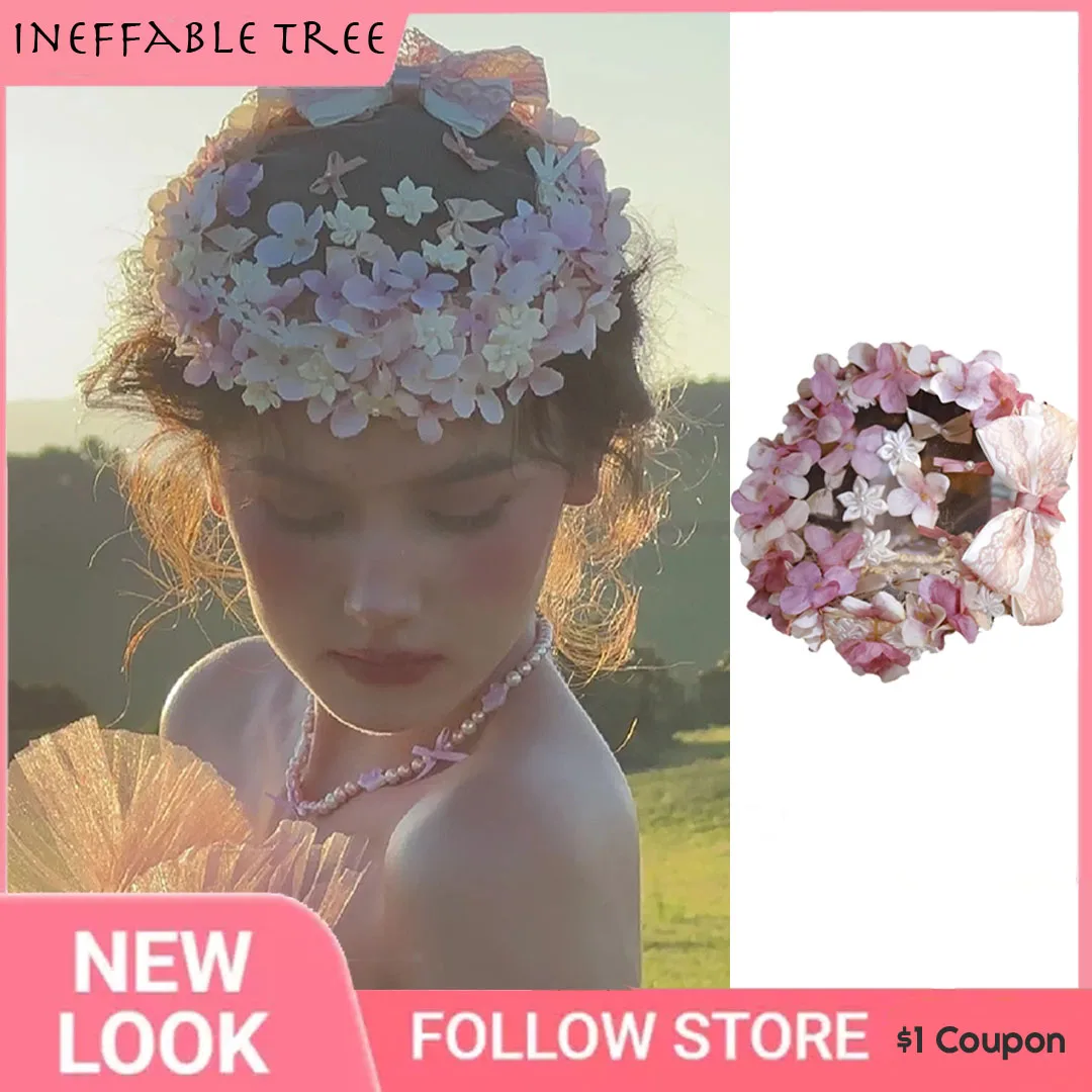 

Vintage Sweet Pink Flower Floral Headband Beanie Hats for Wedding Parties Wreath Headpiece Elagant Bridal Accessories Sombrero