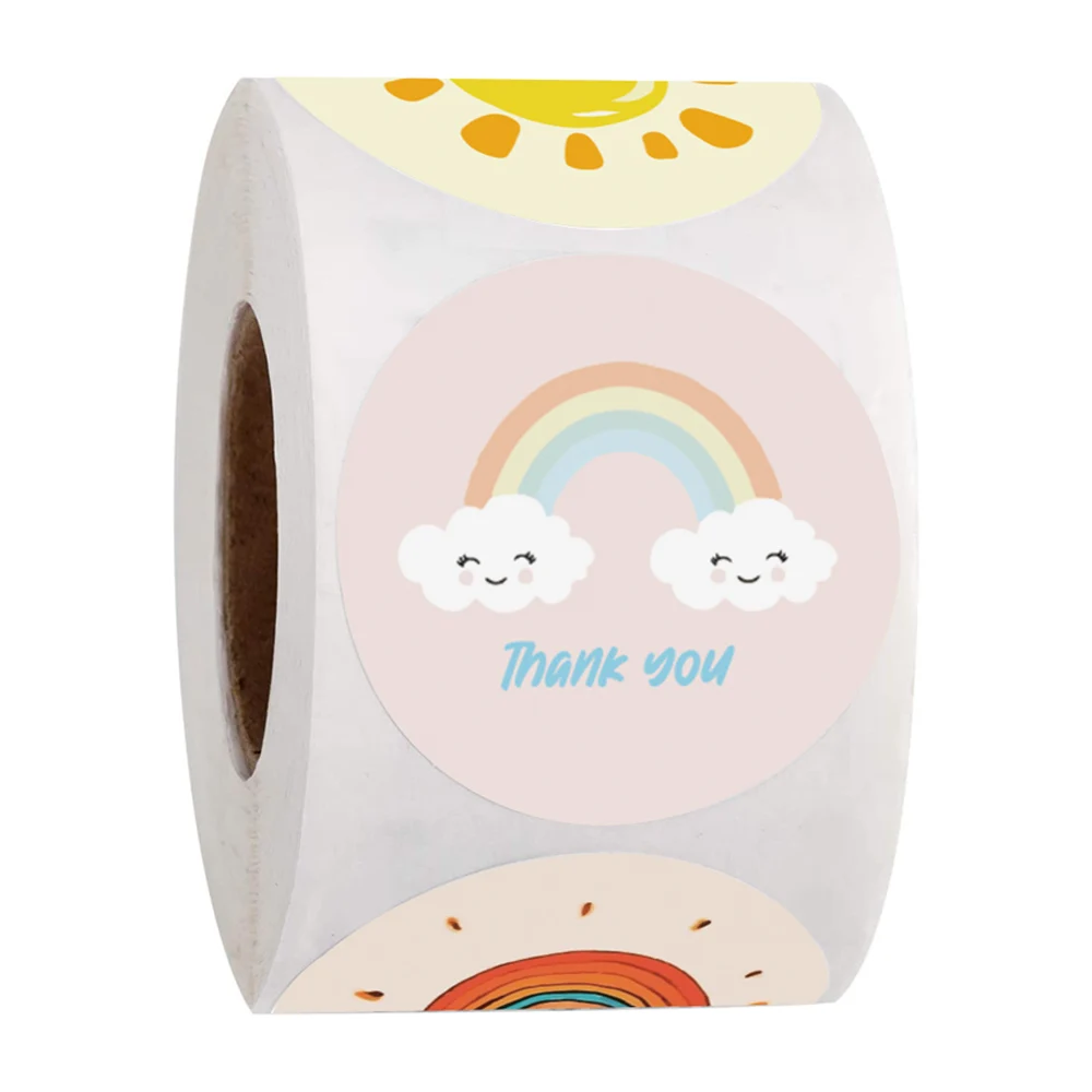 50-500 Pcs Round Cartoon Thank You Stickers Cute Sun Rainbow Clouds Sticker For Handmade Gift Decor Labels Kids Reward Stickers