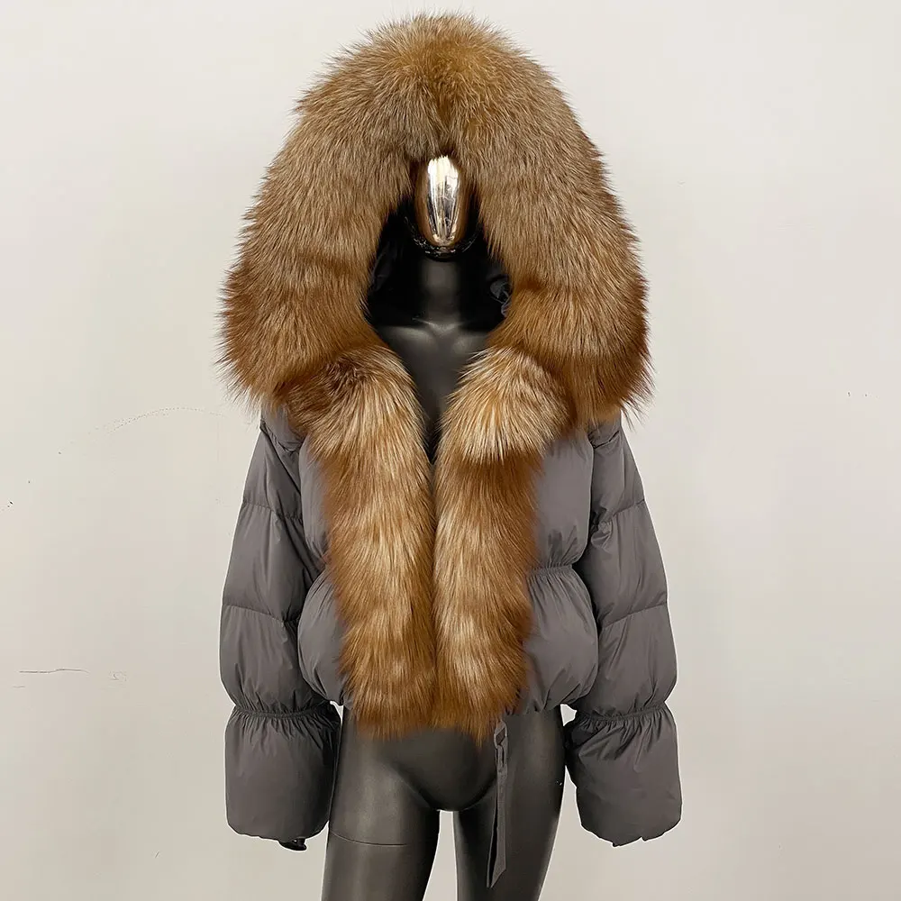 Piumino d'anatra bianco sciolto elegante piumino in vera pelliccia invernale naturale spesso caldo grande cintura in pelliccia di volpe Parka piumino da donna