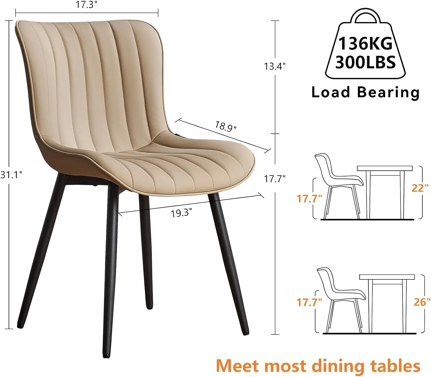 Khaki Dining Chairs Set of 2 Upholstered Mid Century Modern Kitchen Chairs Armless Faux Leather Side Chair