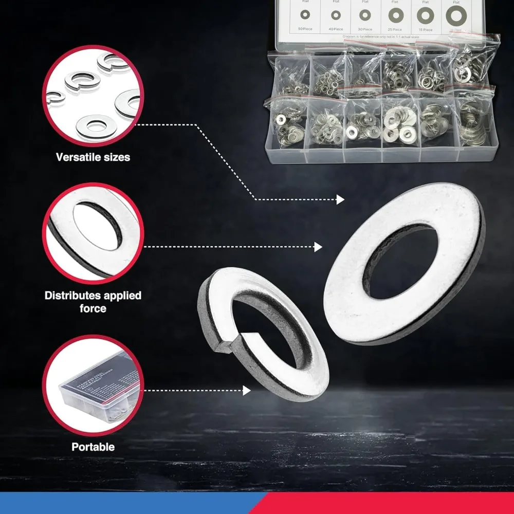 350Piece Spring Lock Rings Flat Plain Washers Stainless Steel Locking Rings Flat Washer Assortment for Sump Plugs Oil Fasteners