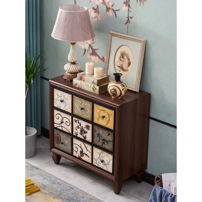 American solid wood three-bucket cabinet, living room furniture, bedroom drawer cabinet, retro painted storage, porch cabinet wh