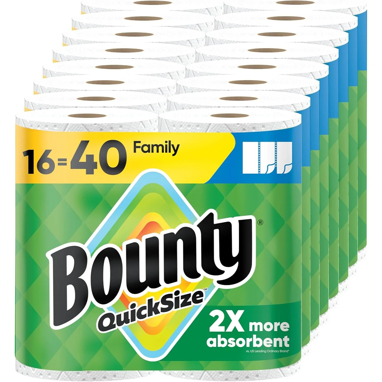 

Quick-Size Paper Towels 16 Family Rolls = 40 Regular Rolls, 2X Absorbent, Durable Diamond Texture for Fast Cleanup