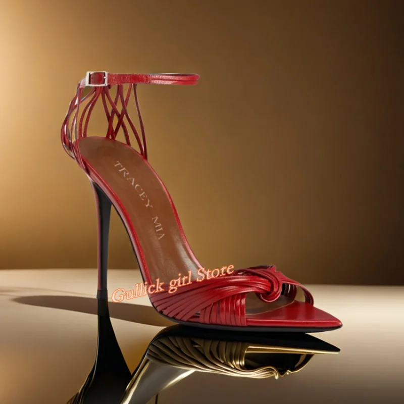 Strappy Stiletto High Heel Sandals Ankle Buckle Strap Sexy Pointy Toe Red Matte Leather Runway 2026 Summer Women Dress Shoes