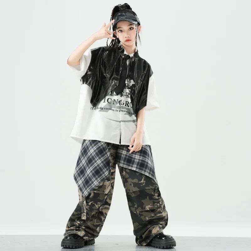 Ragazzi K-pop Street Dance Polo Tshirt Pu Vest Pantaloni cargo Ragazze Hip Hop Camo Jogging Set di vestiti per bambini Bambini Jazz Streetwear