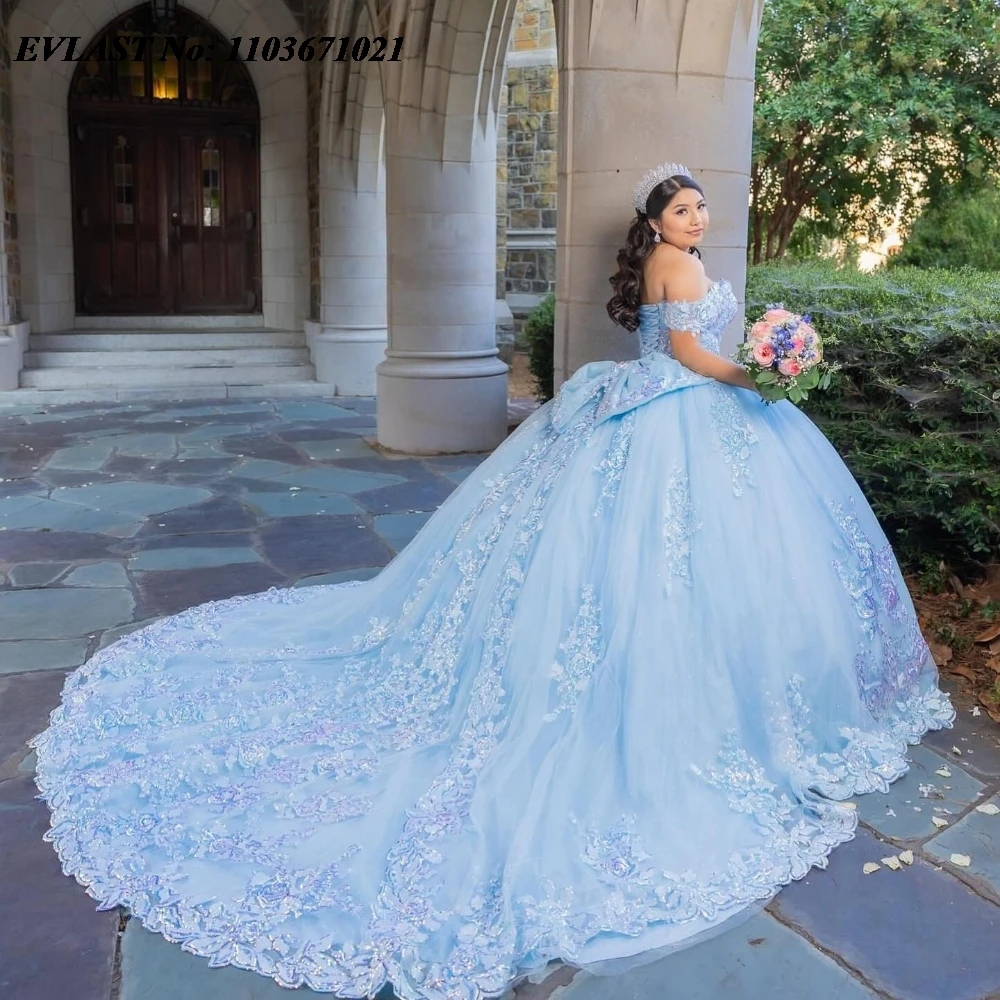 

EVLAST Princess Sky Blue Quinceanera Dress Ball Gown Lace Applique Beaded Bow Sweet 16 Vestidos De 15 Anos Customized SQ784