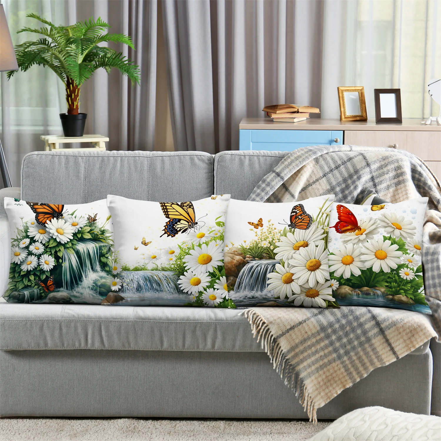 Daisy Butterfly Waterfall Pillow Covers, Nature Stream Decorative Throw Pillow Cases, Spring Home Decor Cushion Covers 4pcs