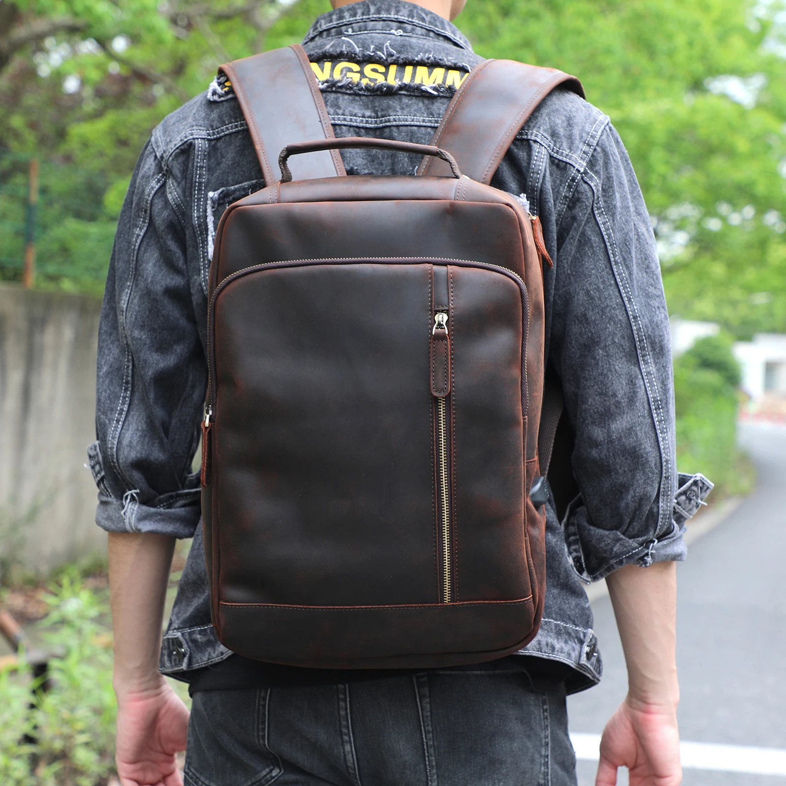 S.WORKER Vintage Echtleder-Rucksack Laptop-Tasche Crazy-Horse-Leder Schultasche Outdoor-Reise-Weekender-Schultertasche – Detail 4