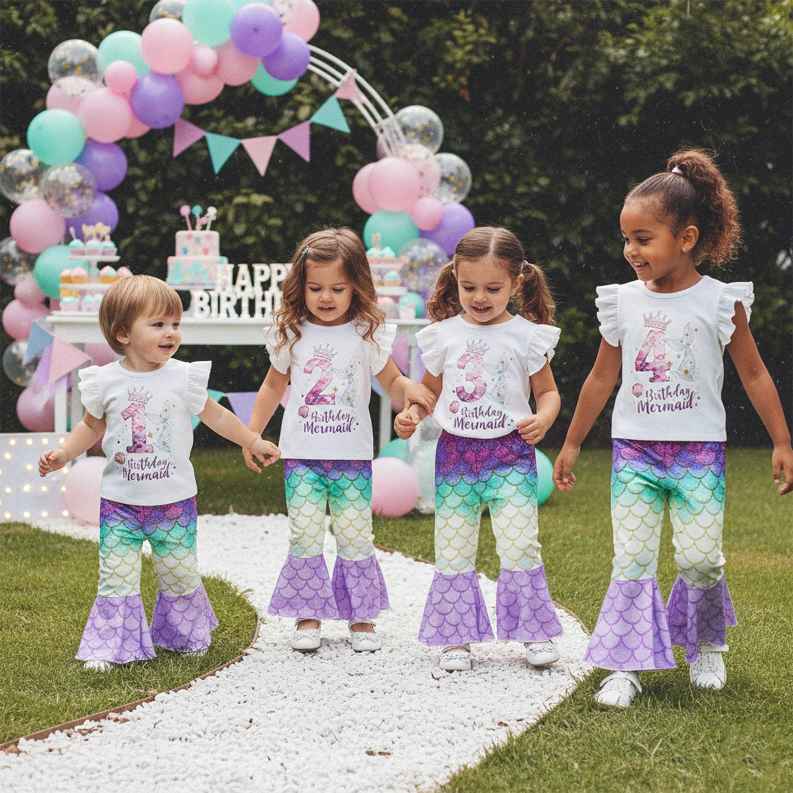 Toddler Girls Birthday Outfits Flying Sleeve O-Neck Letters Crown Pattern Tops and Fish Scale Print Elastic Waist Flared Pants