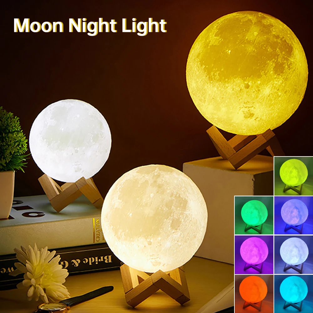 LED Night Light 3D Print Moon Lamp 8CM Battery Powered With Stand Starry Lamp 7 Color Bedroom Decor Night Lights Kids Gift