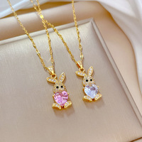 Stainless Steel Bunny Rabbit Necklace Set Cute Pink CZ Heart Stone Rabbit Pendant Collar Girls Minimalist Jewelry Gift bijoux