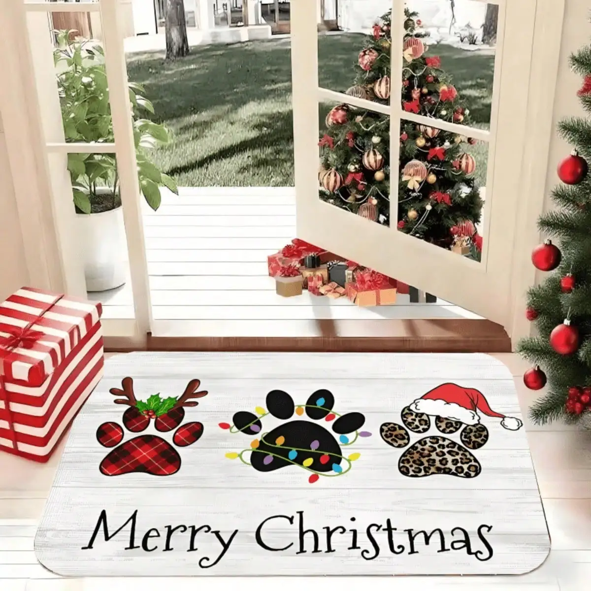 1pc Festive Door Featuring Merry Wording And Paw Prints - Designed With Red Plaid And Leopard Spots, Made With Sturdy Rubber Backing, Easy To Clean Both Indoor