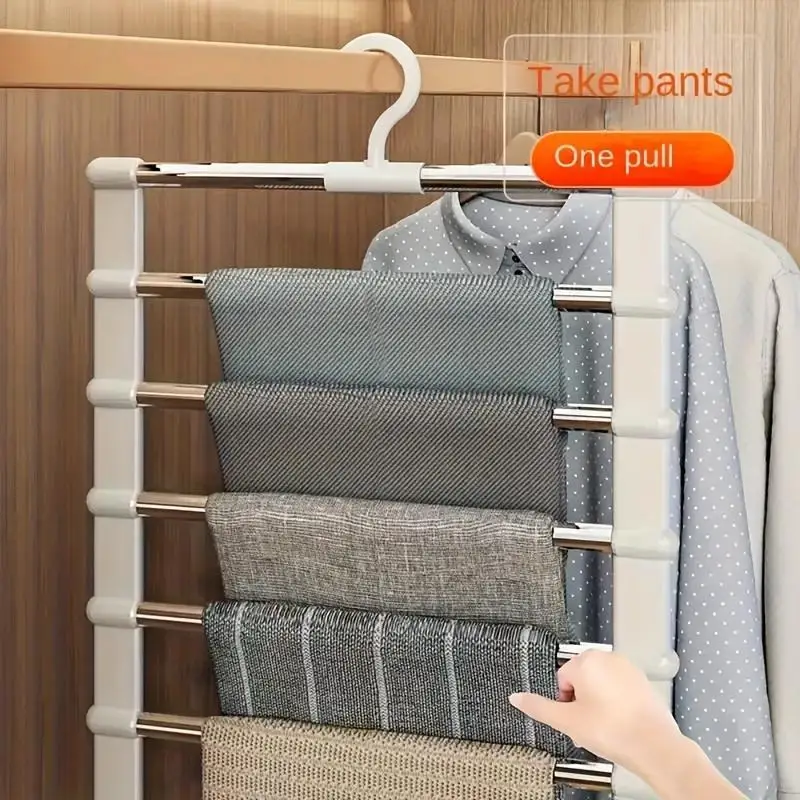 Multi-Layer Space-Saving Pants Hanger - 1pc Foldable Jeans Organizer with Stainless Steel Rods