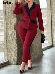 Plus Size Print Patchwork Autumn 2-częściowy zestaw damski z długim rękawem Fashion Ladies Blazers Suits Slim Bodycon Woman Pencil Pants