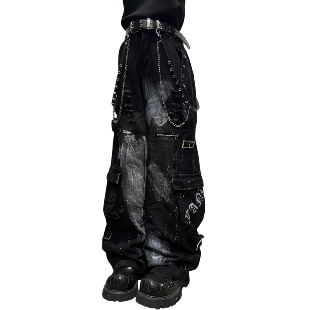 Gothick Punk Jeans For Unisex 2026 Rock Graffiti Cargo Jeans For Women Men Punk Splash Ink Wide Leg Pant Distressed Multi Pocket