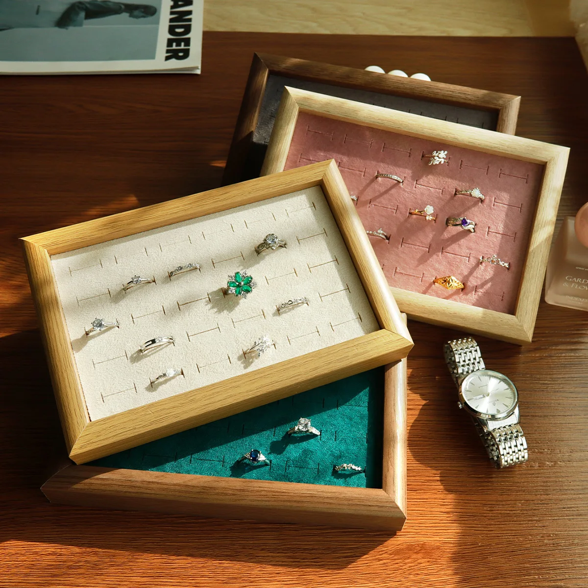 Bandejas de joyería de terciopelo, bandeja de exhibición de anillos con 30 ranuras, gran capacidad, anillo de dedo, pendientes, gemelos, estante de almacenamiento, organizador