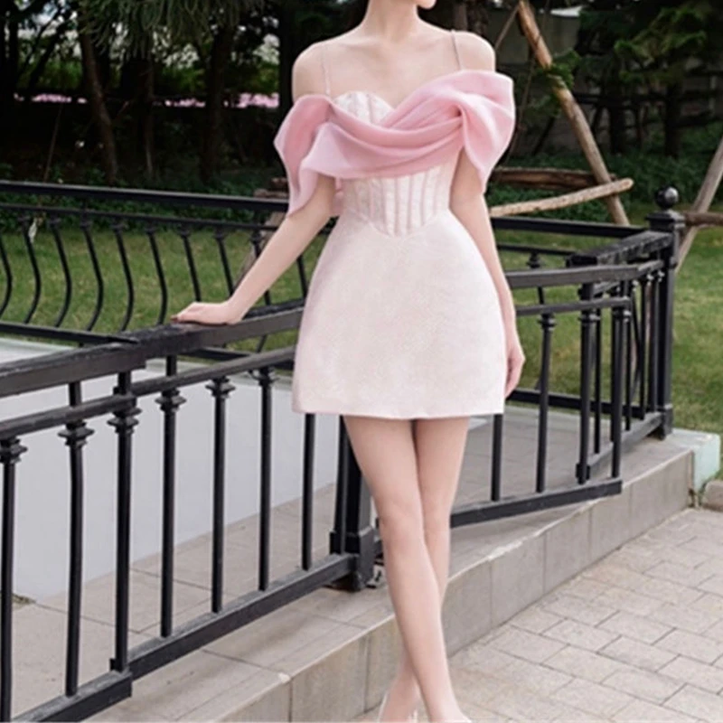 Pink Dress for Women Dissymmetry Sexy Strapped Patchwork Vintage Bodycon Dress Streetwear Runway Sleeveless Vestidos Elegance