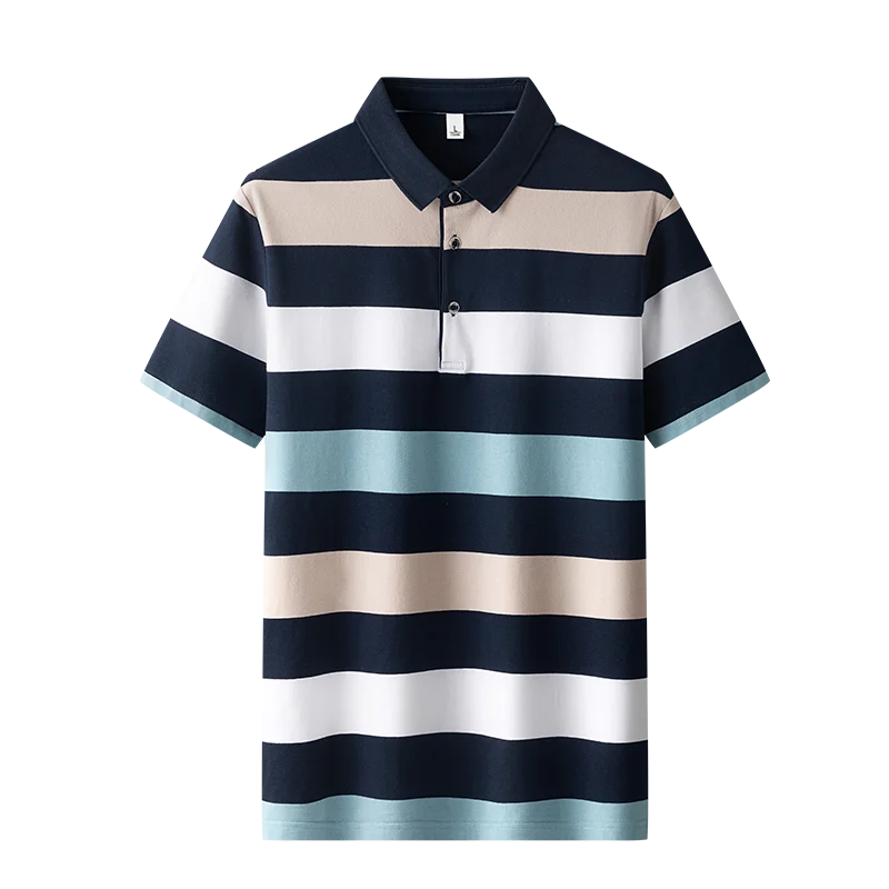 Minimalist Trendy Summer Men\'s Turn Down Collar Striped Button Contrast Color Fashion Casual Short Sleeve Loose Polo Shirts Tops