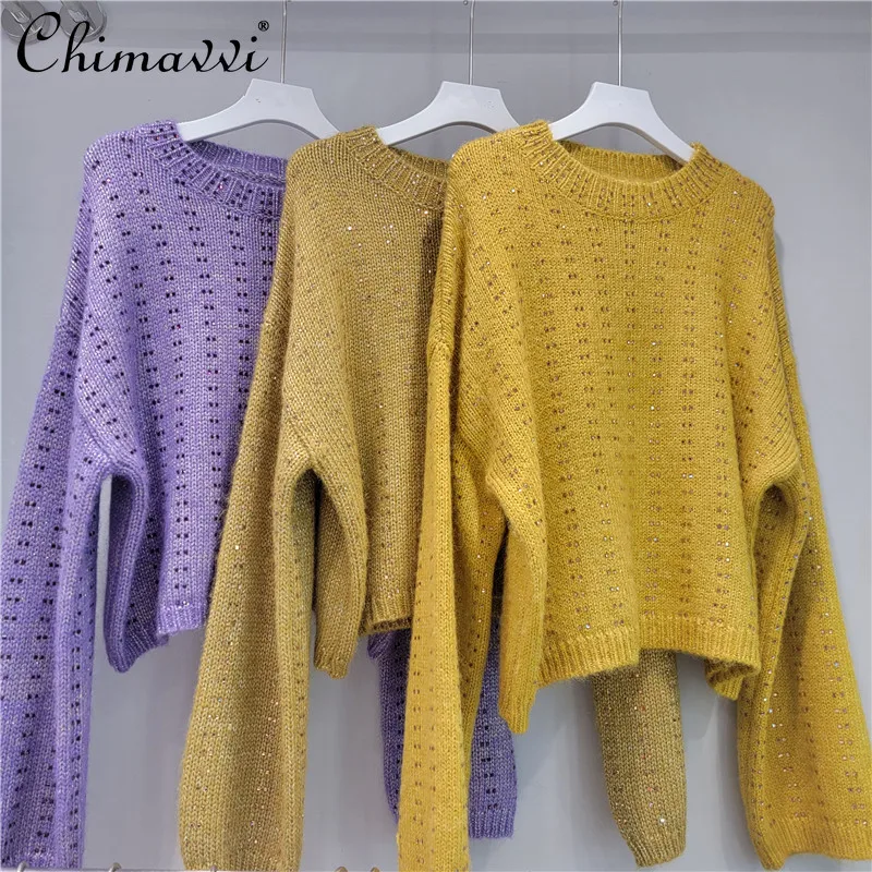 

Purple Hollow Heavy Shiny Sweater for Women New Autumn Clothes Fashionable High-end Long Sleeve Loose Elegant Knitted Top