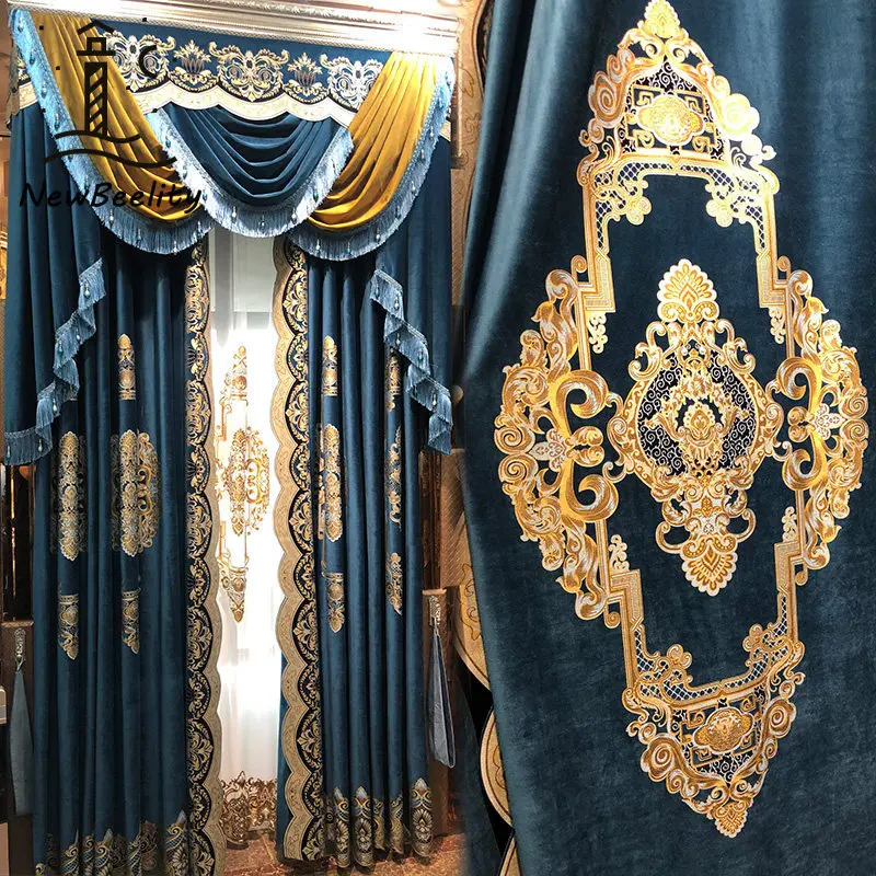 European Palace Luxury High-end Embroidery Thickened Blackout Velvet Cloth Curtains for Living Dining Room Bedroom Custom Size