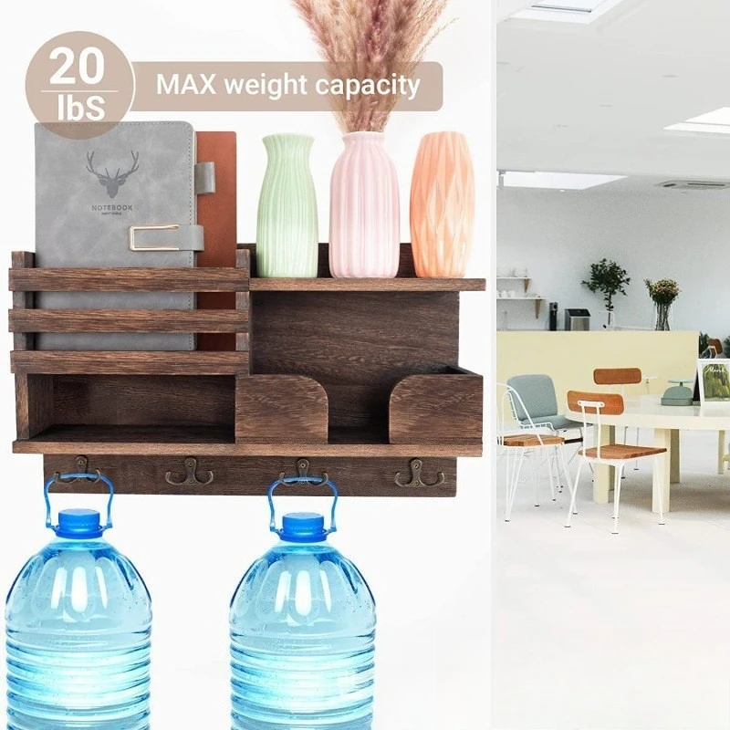 Multifunctional Wooden Wall Storage Rack Entryway Key Coat Hanger Decorative Shelf for Glasses Sundries 2