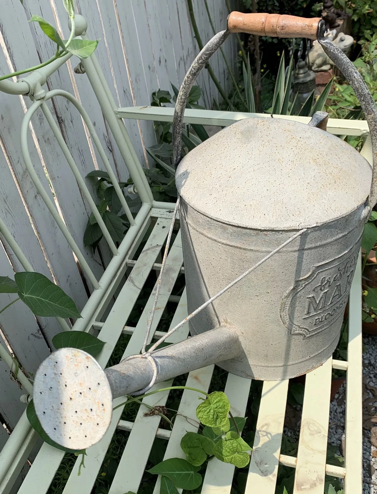 Vintage Distressed Metal Watering Can, Fresh Flower Market Embossed Design, Galvanized Steel, Rustic Farmhouse Style