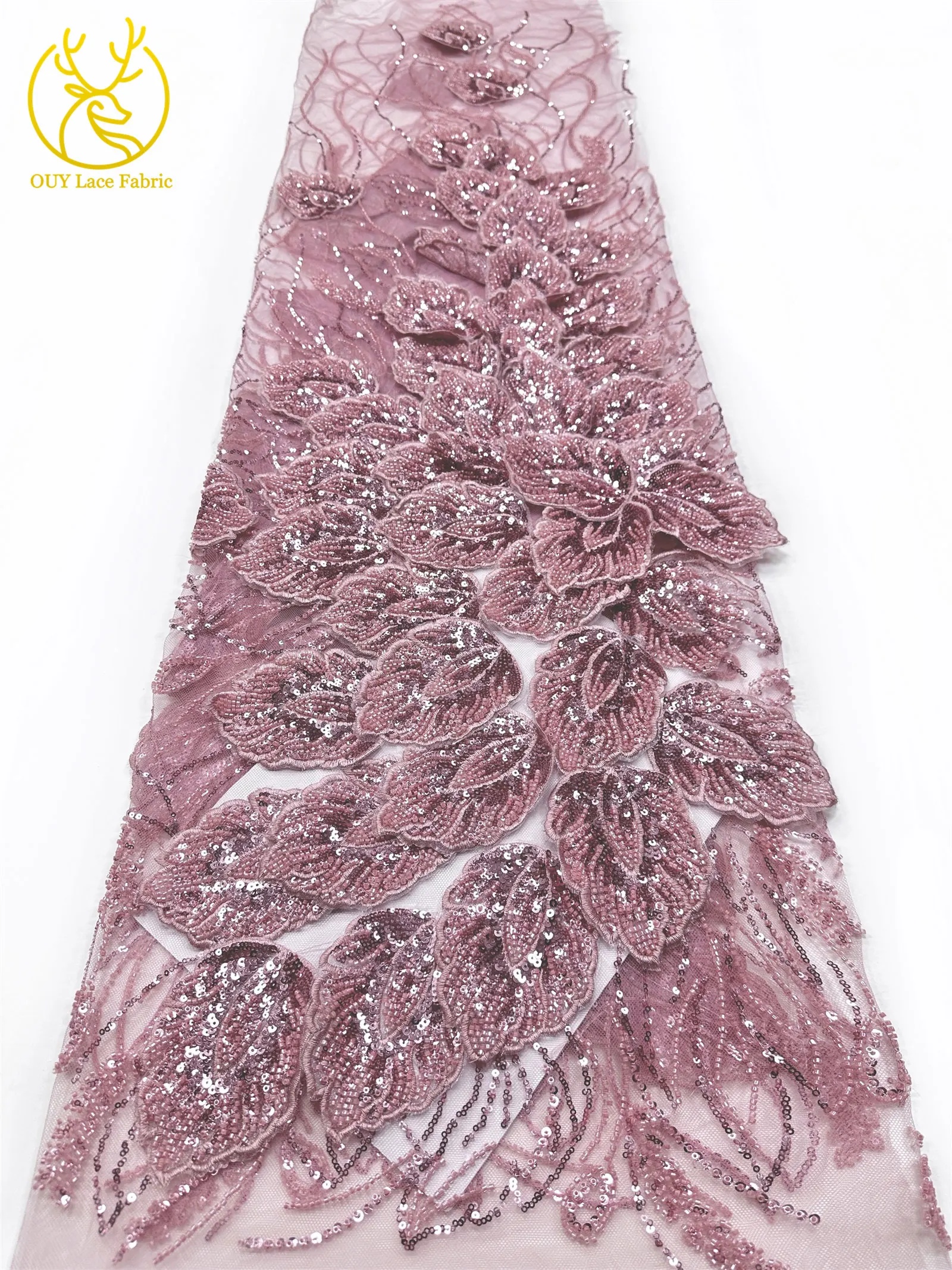 Nigerianischer 3D-Stickerei-Blatt-Spitzenstoff 5 Yards Afrikanische DIY-Stickerei Perlen-Pailletten-Spitze Tüll-Netzspitze Damen-Abendkleid – Detail 19