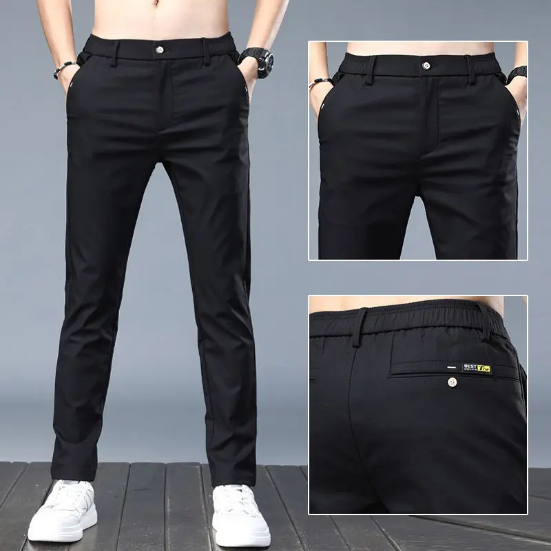 Spring Summer New Slim Fit Thin Casual Straight Suit Pants Men Solid Button Zipper Pockets Daily Korean Versatile Full Trousers