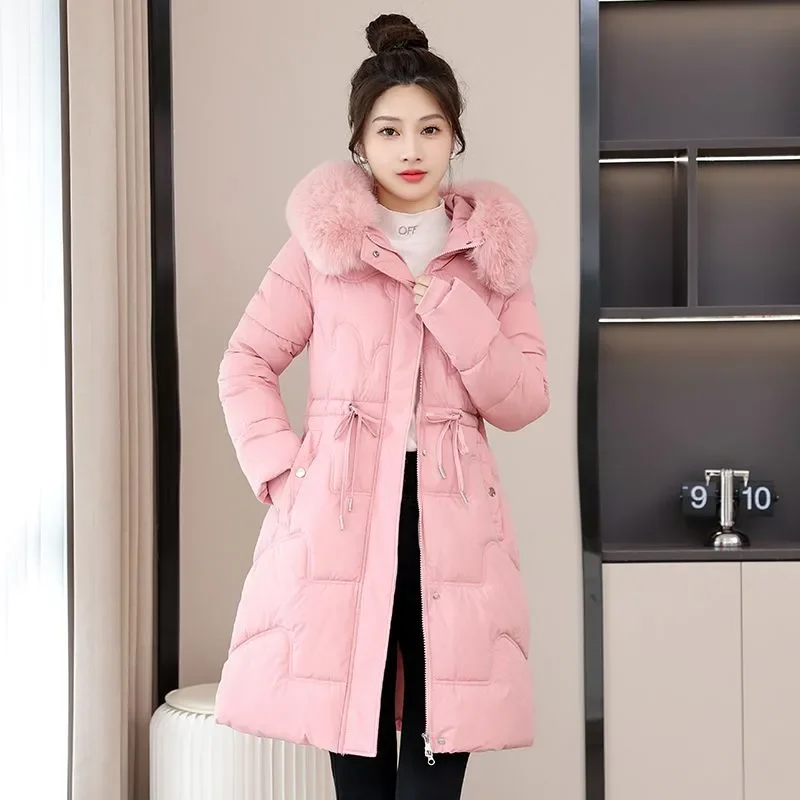 Women Parkas Fashion Mid-Length Down Cotton Jacket New Winter Fur Collar Hooded Slim thick Warm Snow Wear Padded Clothes