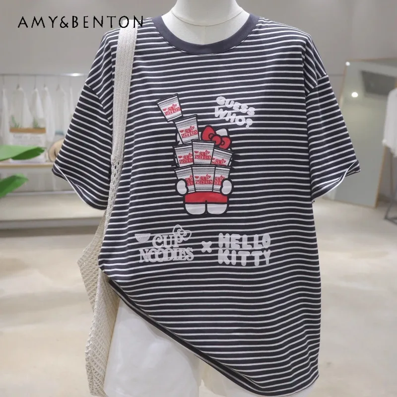 

Cute Age-reducing Cartoon Cat Embroidery Thin Pinstripe Tees Summer Loose Versatile Crew Neck Cotton Short-sleeved T-shirt Women