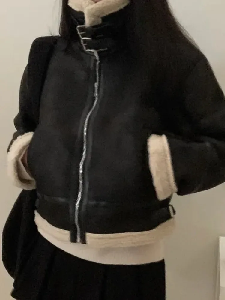 Retro inverno quente pele couro camurça zíper solto feminino motociclista jaet casual outerwear chique thiened poliéster longo sve