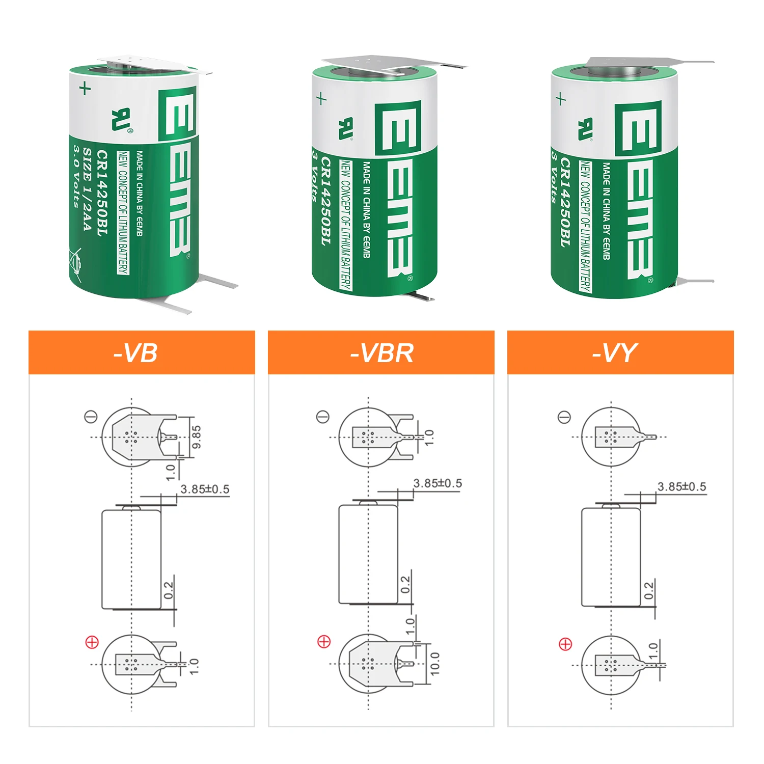 EEMB CR14250 3V Battery 1/2AA Size CR14250BL With Solder Pads/Solder Legs Non Rechargeable