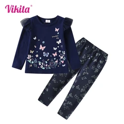 VIKITA Children Clothing for Autumn Spring Girls Butterfly Flower Print Cotton Casual Tops Tees and Trousers Pants Kids Clothes