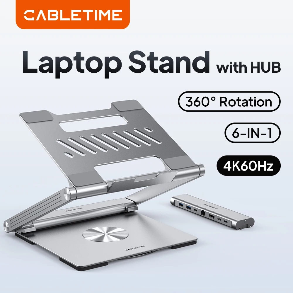 CABLETIME 360° Rotating Laptop Stand USB C Hub RJ45 PD 100W 4K60Hz HDMI Port Compatible for MacBook Air Dell 6 in 1 Stand Hub