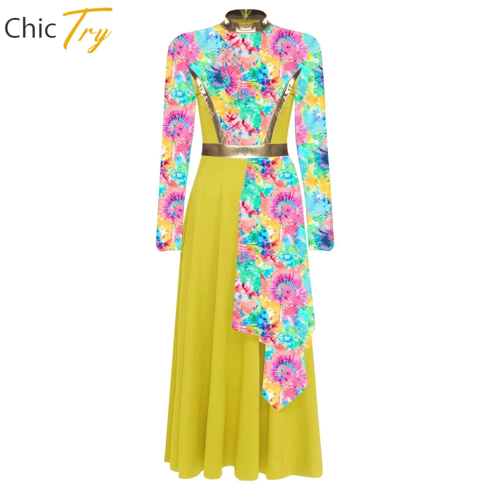 

Womens Praise Dance Worship Dance Costume Tunic Long Sleeve High Waist Asymmetrical Dress Adult Lyrical Dance Practice Costume