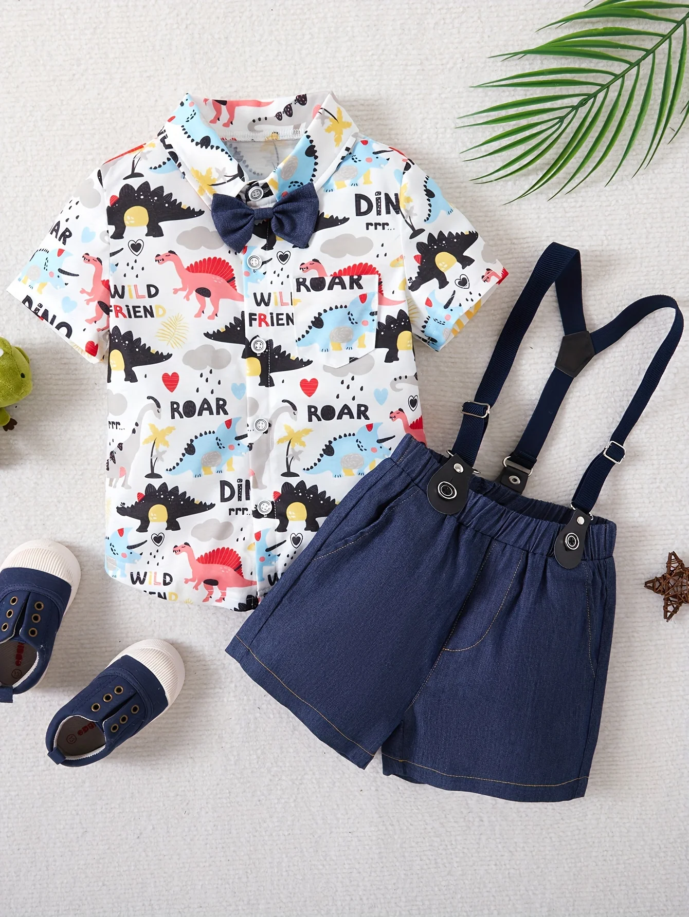 Boys cute dinosaur printed gentleman bow short sleeved shirt+shoulder strap denim shorts set, children's party casual gentlemanl