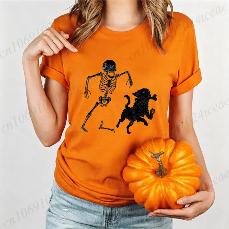 Halloween Humor Skeleton Dog Print Women T‑shirt Casual Short Sleeve O‑neck Tee Spooky Funny Graphic Tops Holiday Party T‑Shirts