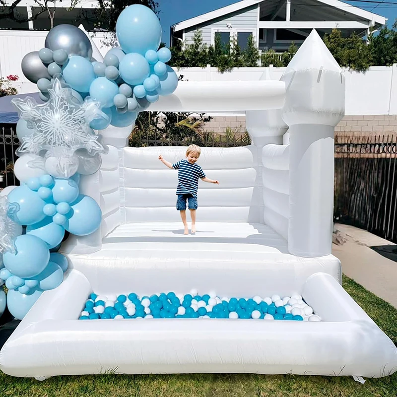 Castillos hinchables inflables blancos Oxford, casa, castillo saltador con pelota, regalo de cumpleaños para niños, evento de juegos de fiesta para niños al aire libre