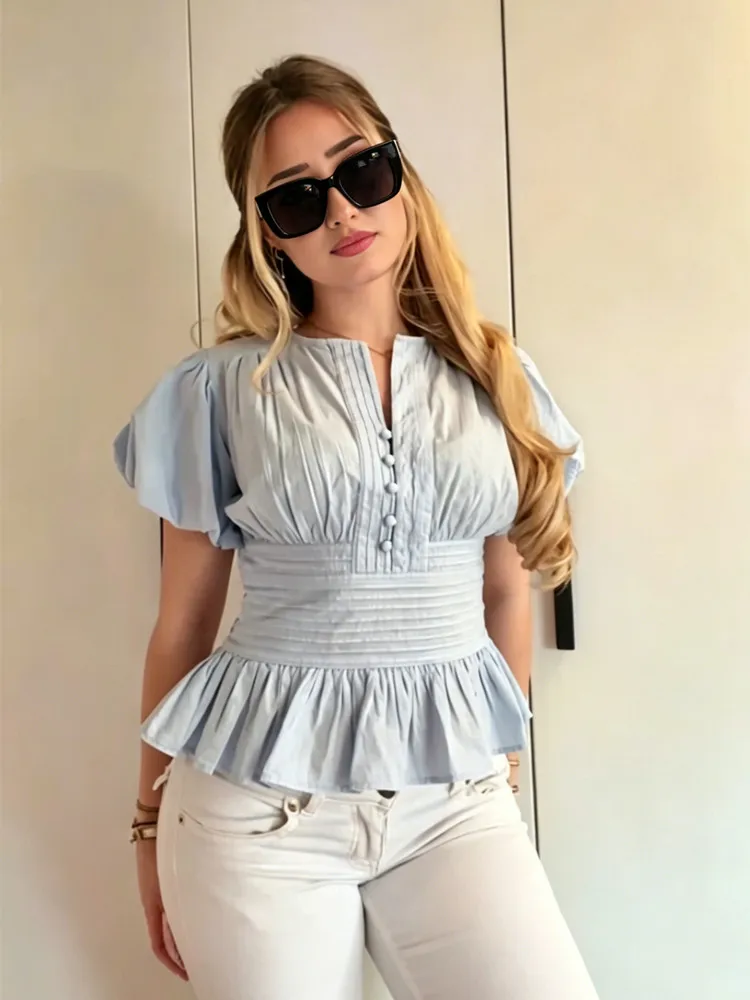 Ladies Chiffon Blouse Shirt Women Split Neck Single Breasted Puff Sleeve Ruffle Hem Top Elegant Casual Chic Summer Outfits Women
