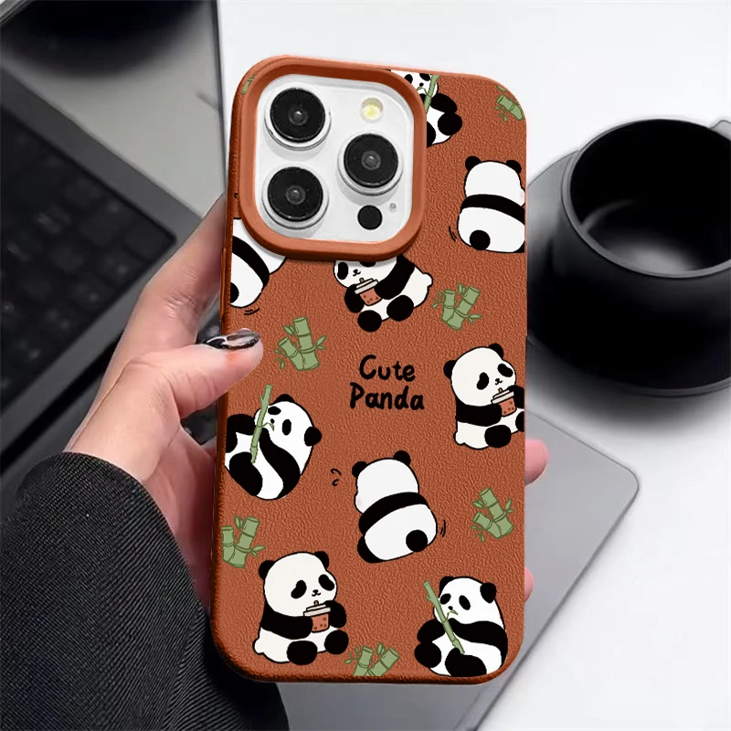 Luxury Leather Texture Silicone Case For iPhone 16 Pro Max Coque iPhone 15 Pro Max 14 13 12 11 Cute Baby Panda Print Cover Funda
