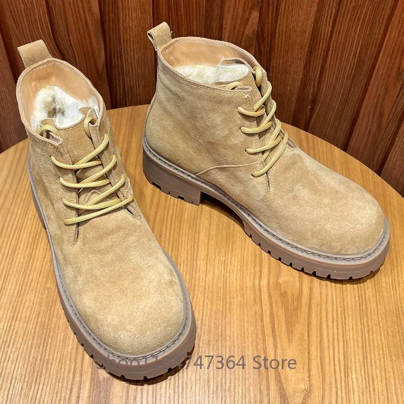 Cow Suede Winter Snow Boots Men's Cowhide Wool Fur Lined Lace‑Up Thick Platform Non‑Slip Warm Casual Outdoor Ankle Boots Male