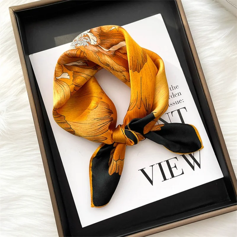 Luxury Brand 2024 Silk Square Scarf Women Cat Neck Hair Tie Band Beach Hijab Kerchief Head Headbands Bandana Female Foulard 70cm