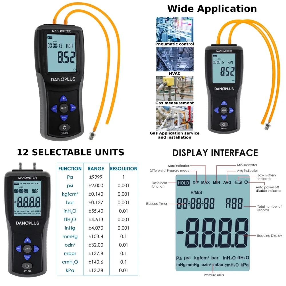 

Digital Electronic Handheld Differential Pressure Gauge for Air Pressure Measurement Portable Digital Manometer for HVAC