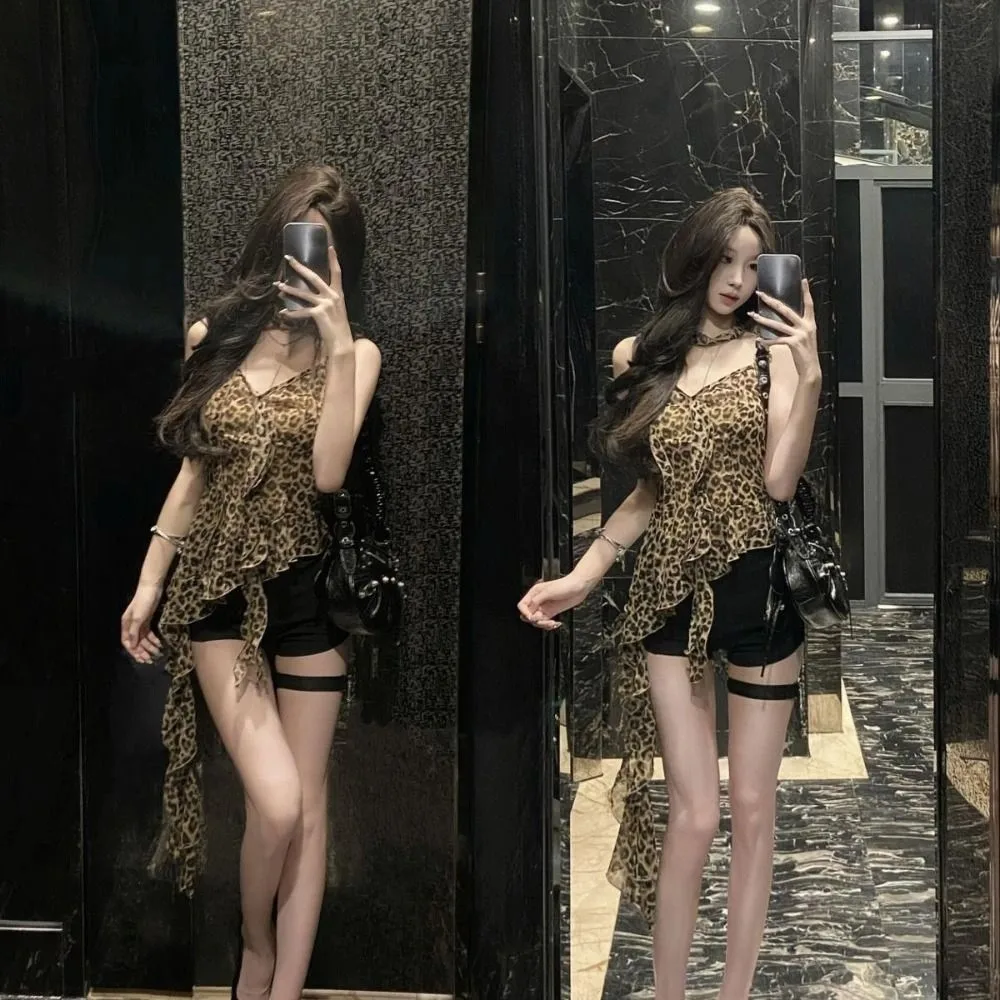 Fashion Ruffled Edge Leopard Halter Camisole Lace-up Thin Sleeveless Camisole Slim Fit Irregular Skinny Strap Vest Club
