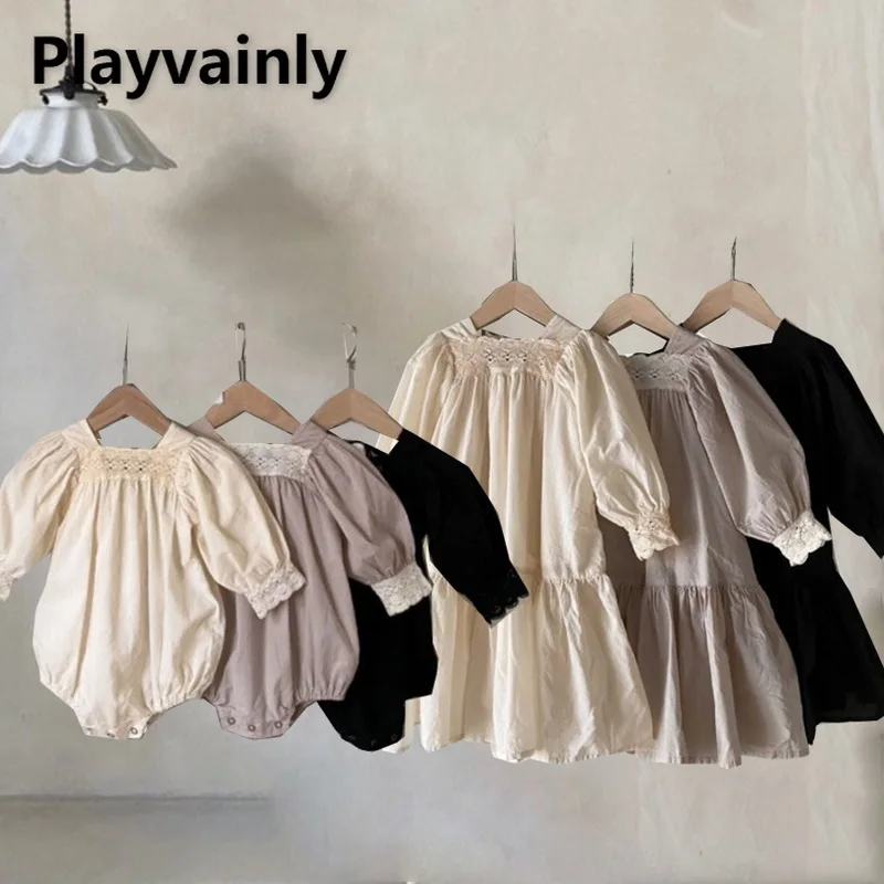 2025 Korean Style New Spring Family Matching Sister Clothes Apricot Black Bodysuit+Lace Square Collar Dress Sisters Look E9203