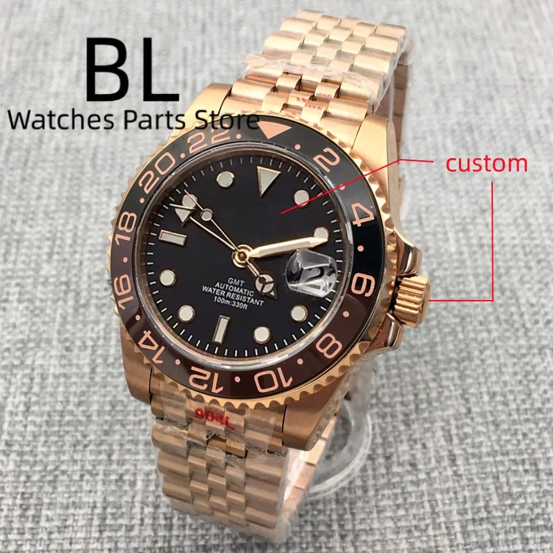 BLIGER Custom 40MM Full Rose Rootbeear Watch For Men GMT Automatic Movement Luminous Steel Bracelet Sapphire Glass Waterproof