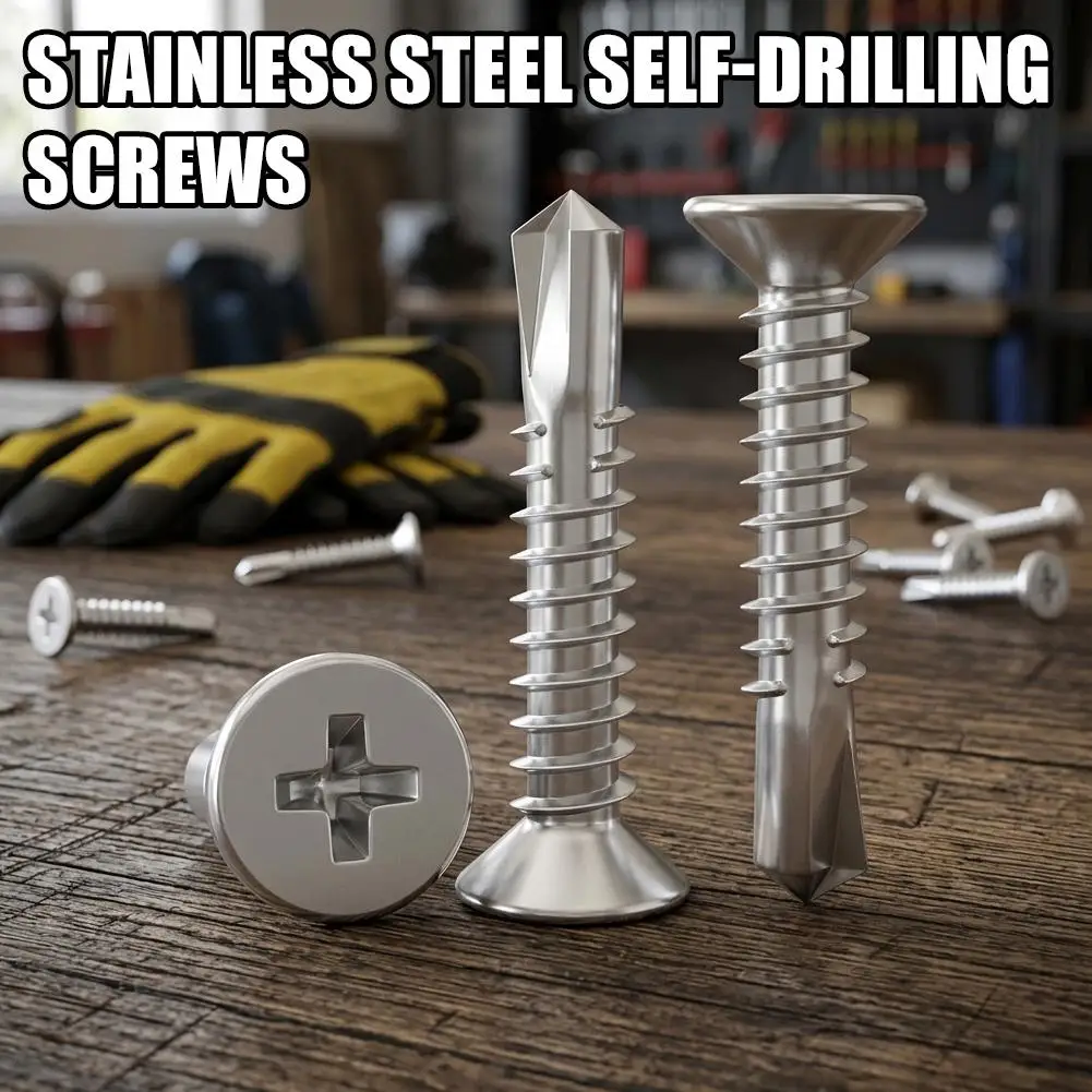 50pcs Stainless Steel Self-drilling Screws Flat Head High-Strength Quick Self-Drilling Screws 410 Stainless Steel Home Improveme