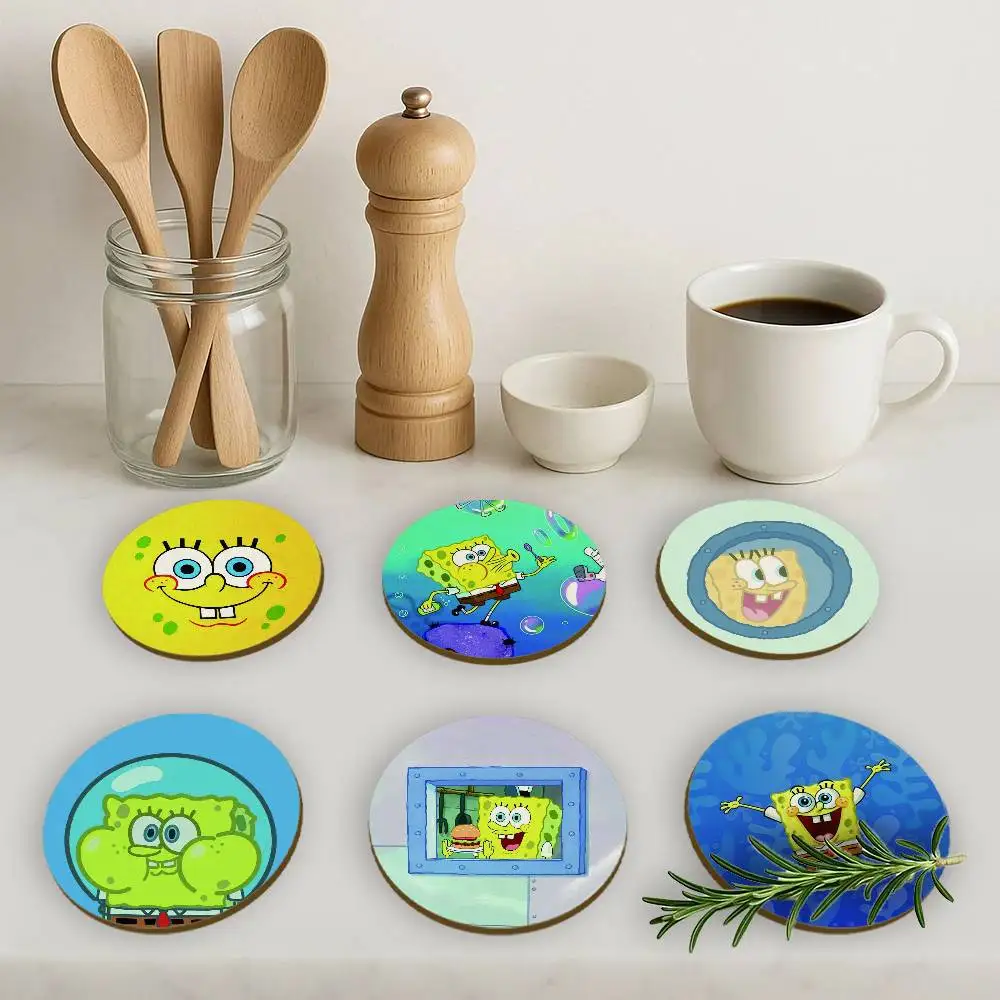 Cartoon S-SpongeBob Classics S-SquarePants 2D Wooden Coasters Heat Resistant Non-Slip Holiday Birthday Gift Durable
