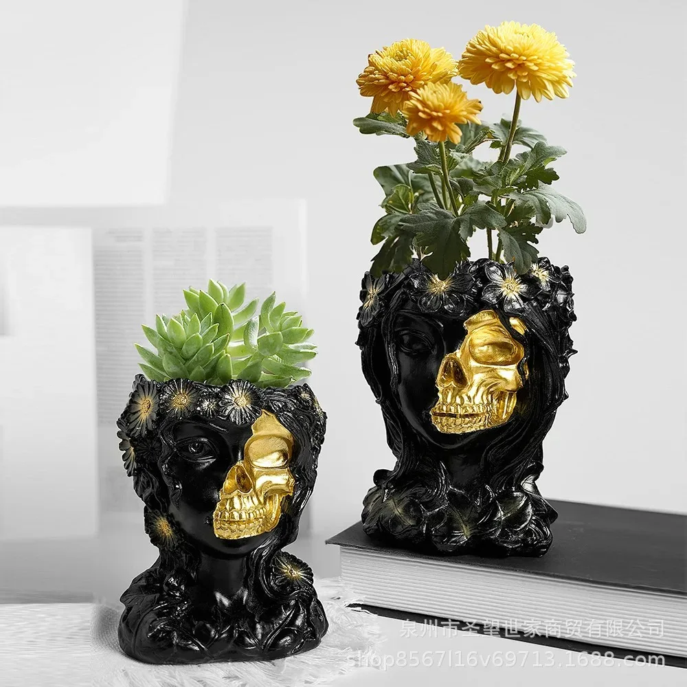 Resin flower pot creative female skull succulent  pot human head  pot wholesale Halloween personalized home